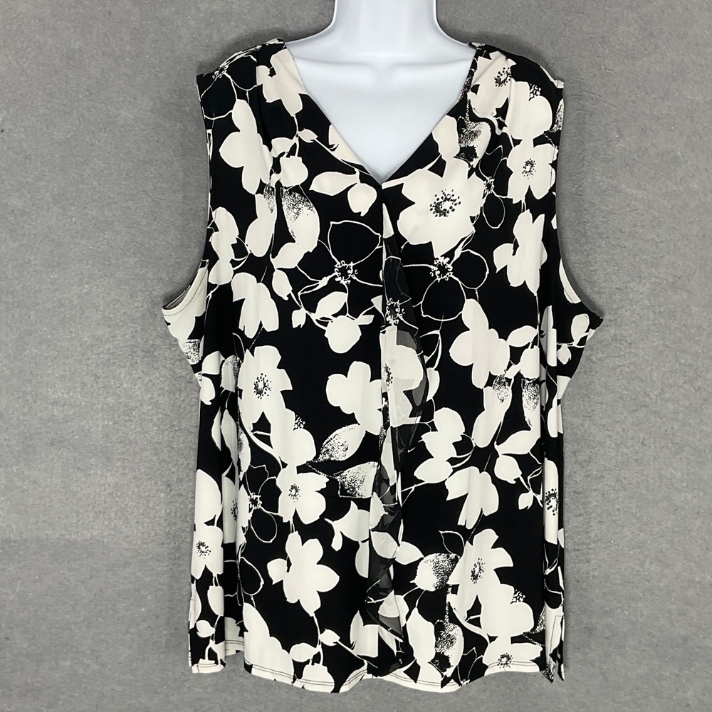 Roz & Ali Top Woman 3X‎ Dark Floral Sleeveless Ruffle Front Stretch Career Party